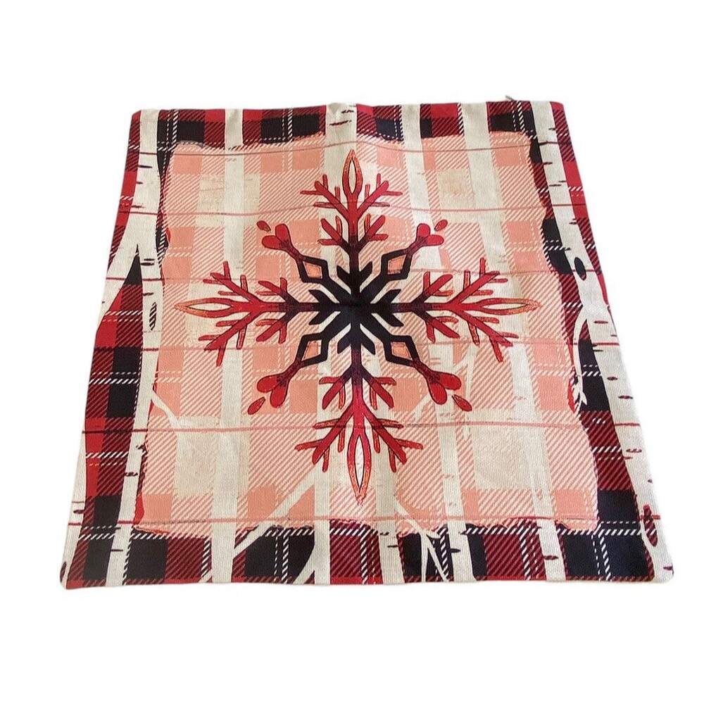 Christmas Pillow Cover Red Black Cream Snowflake  Winter Plaid 16 x 15